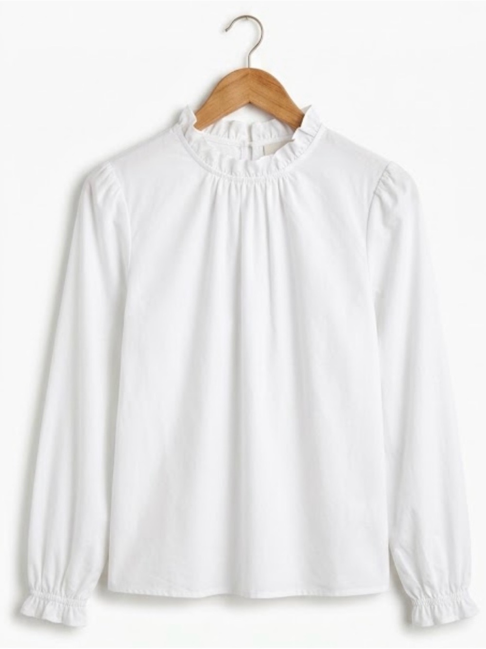 J. Crew White Ruffle Neck Long Sleeve Blouse Small Cotton